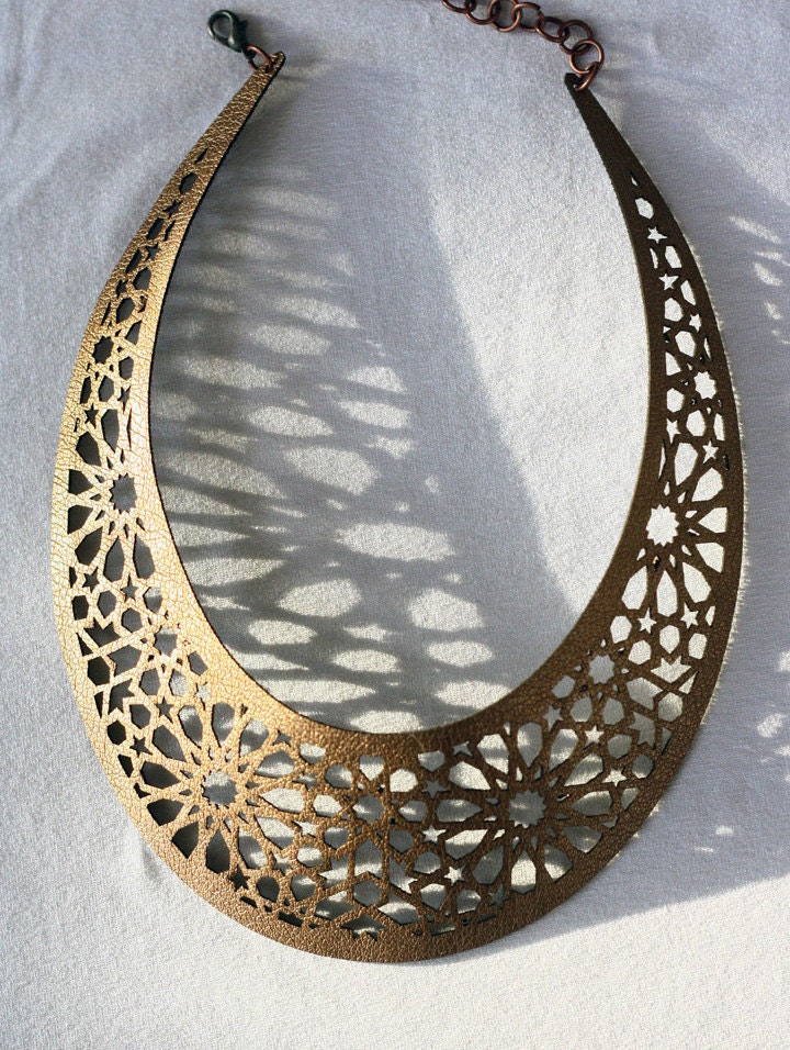 Geometric Laser cut Bronze & Gold Faux Leather Necklace (Morocco inspired)