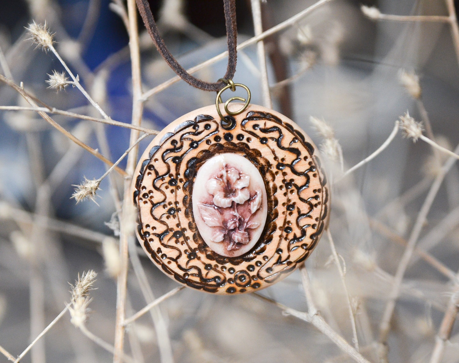 Flower Medallion Cameo Necklace - Blush Pink Wooden Pendant - Pyrography Wood Jewelry