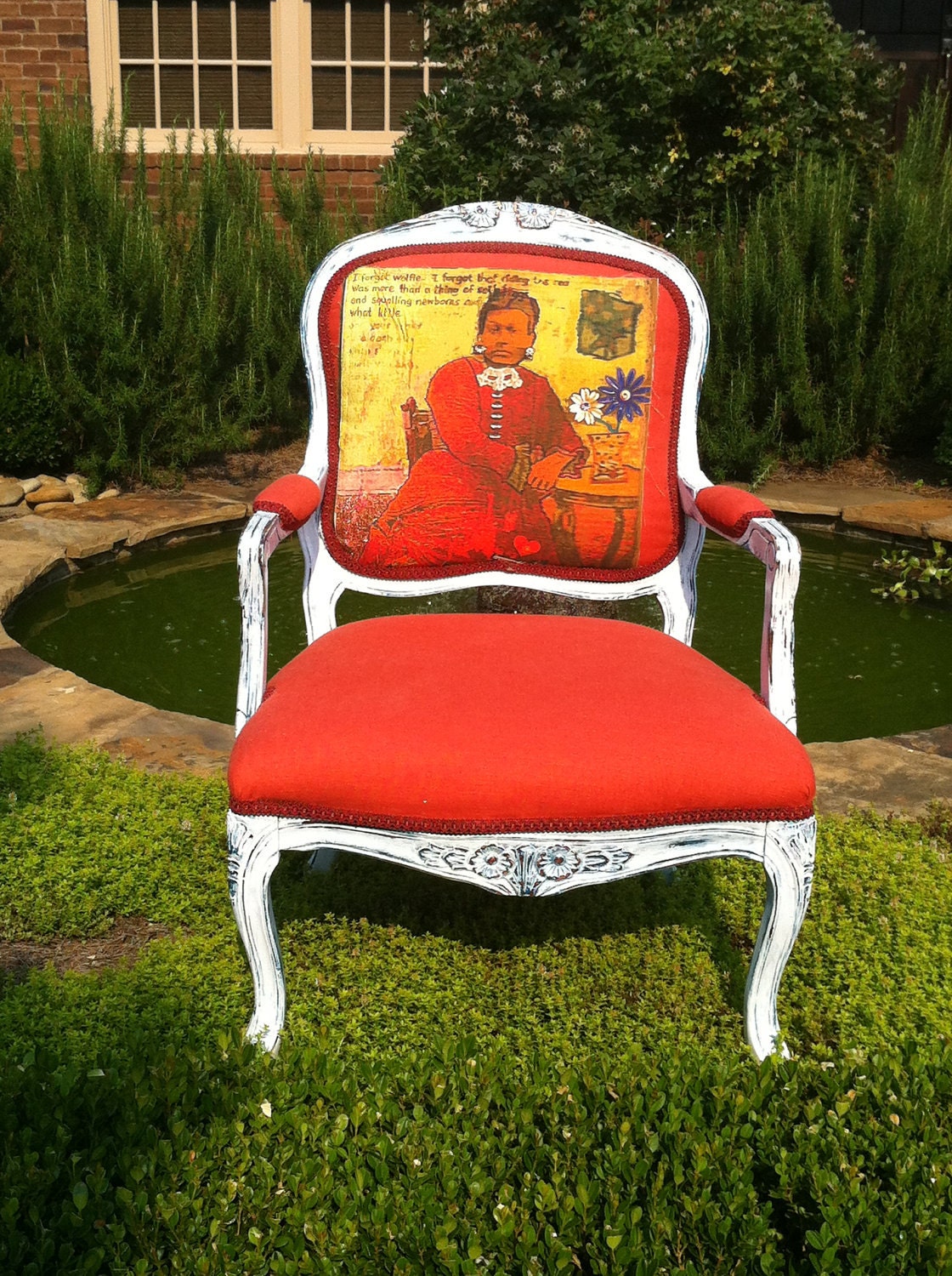 Bohemian Accent Chair Upholstered in French Coral Linen and Art Panel Portraying a Lady in Scarlet Dress by Heather Throne Upholstery