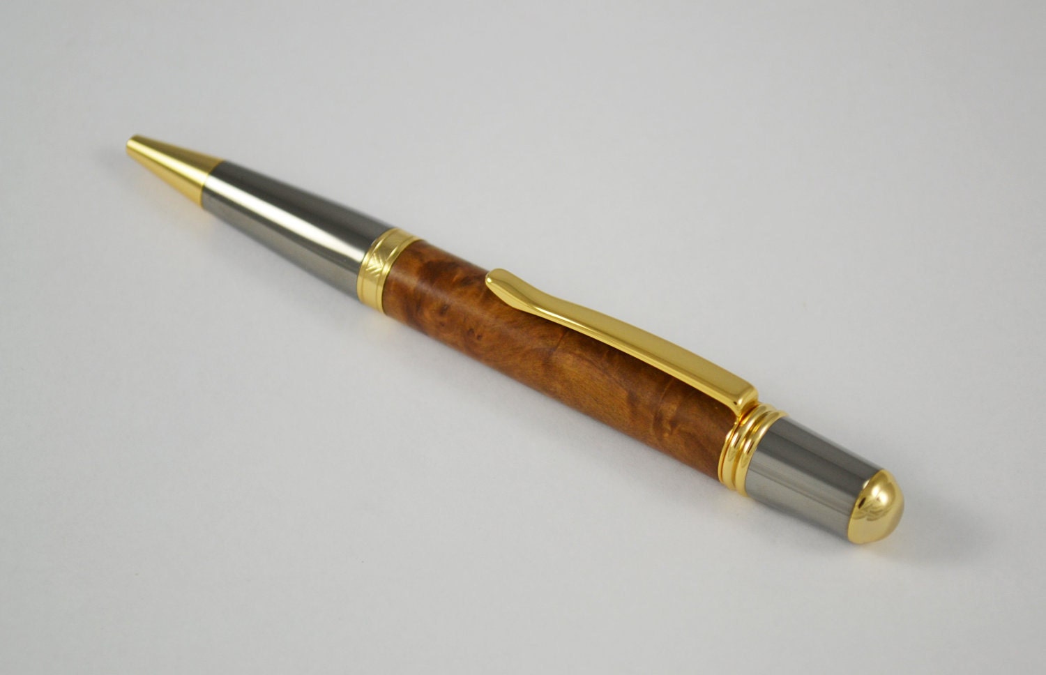 CLOSING SALE 10% OFF Ballpoint Pen, Wood Brown Malle Burl, 24kt gold plated and Gun Metal, Wood Turning