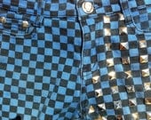 Blue Cotton Micro Shorts Plaid squares hotpants Mid Waisted Shorts Silver Pyramids Studs Design Sz 10 Jrs.