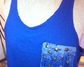 Blue Tank with Brass Stars Studs Upcycled with white painted pocket