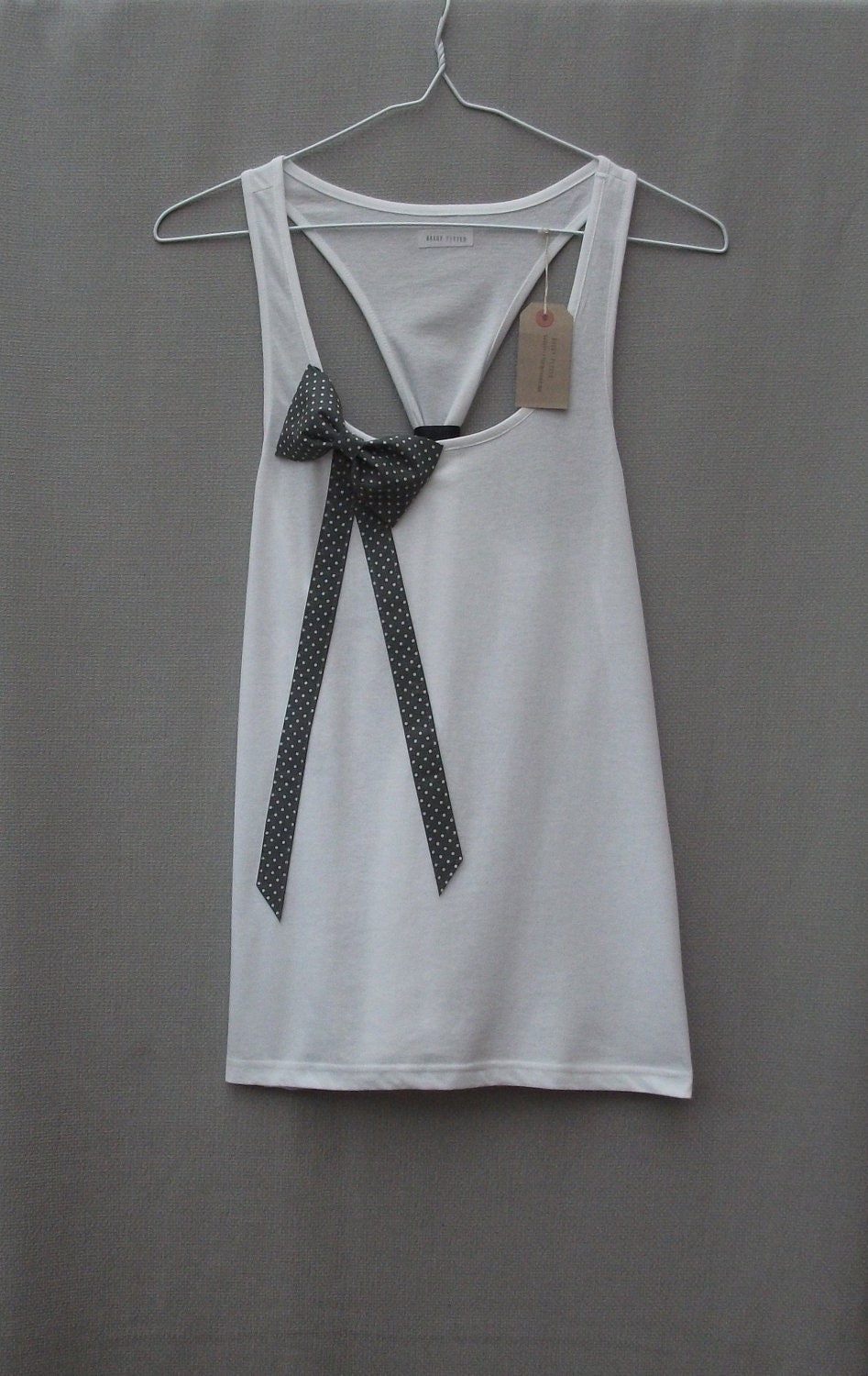 Women's Polka Dot Bow Top Handmade White Organic Cotton Racerback Vest Tank Top