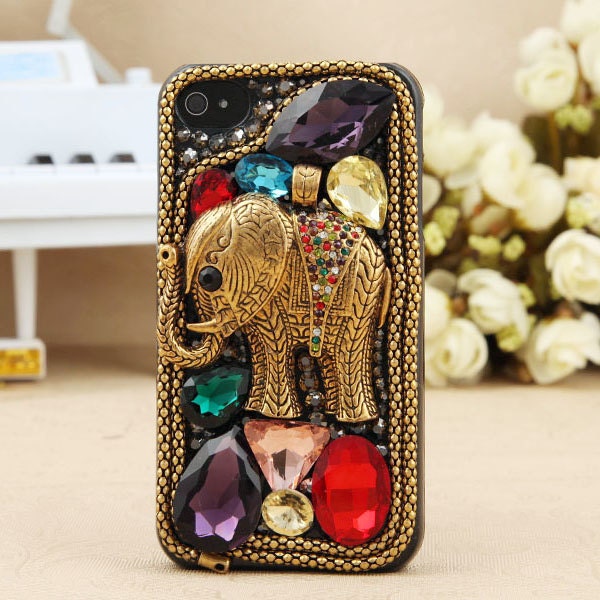 FREE SHIPPING Apple iPhone 4S 4G Vintage Bling Crystal Metal Elephant Hard Skin Case Cover