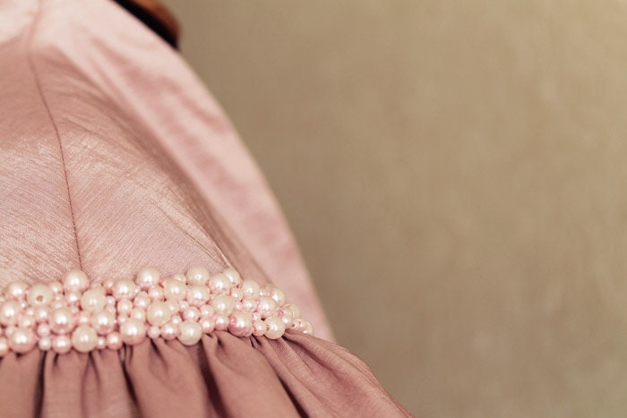 Luxury Pale Pink Pearls Taffeta Bolero Jacket - Hand Emroidered Wedding Bridal Pink Gray Bolero - Custom Order