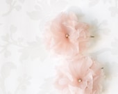 Blush Silk Hair Flowers - Pair of Mini Silk Organza Flower with Rhinestone / Blush Pink