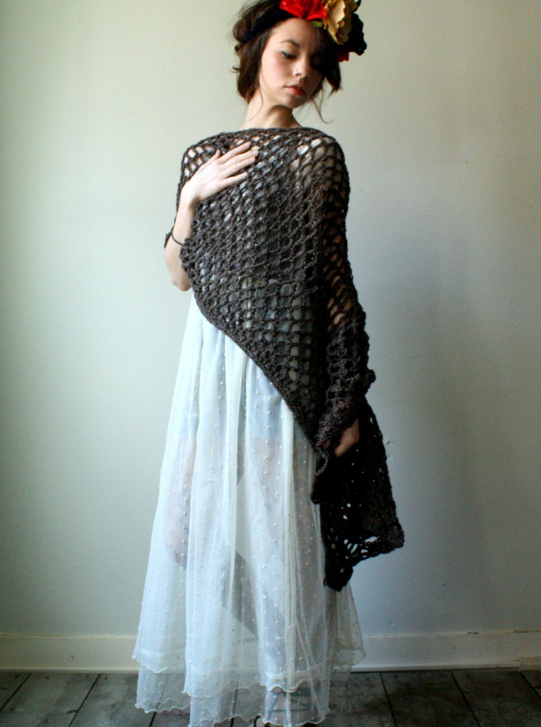 lace poncho. handmade high low shawl. chunky cowl. three way wrap poncho. one size. made to order