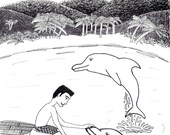playing with dolphin, 8x10 inch black and white ink illustration print on paper. teenage room and nursery room wall décor