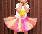 HAWAIIAN SUN SET--Birthday Girl Tutu Skirt and Cupcake Onesie Set with Free Flower Clip, Newborn, 1st, 2nd, 3rd, 4th, 5th Birthday