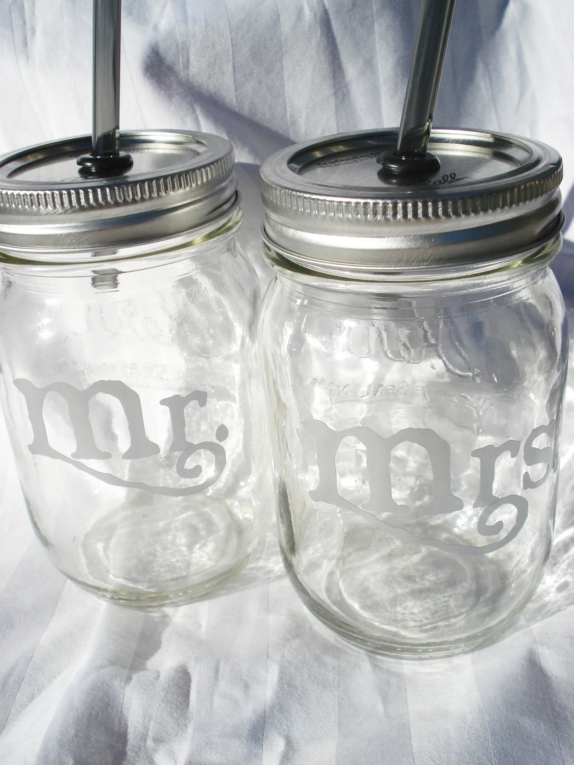 Mason Jar  Wedding Glasses Bride and Groom Mason Jar Glasses with YOU CHOOSE Rainbow Reusable BPA Free Straws Outdoor Wedding 16 oz