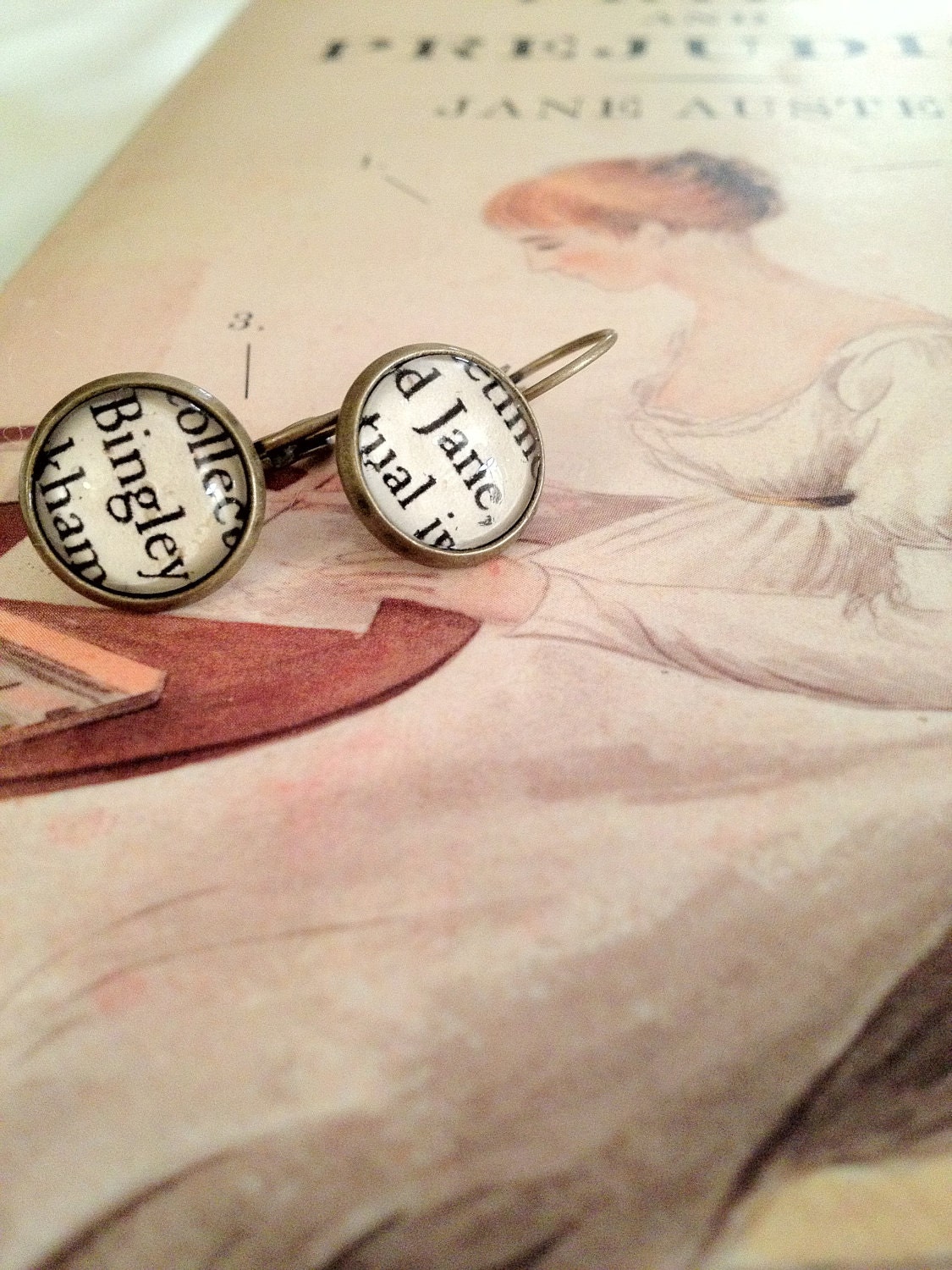 Jane Bennet and Mr. Bingley Antiqued Bronze Book Page Dangling Earrings