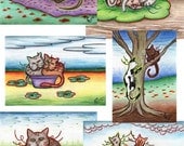 Postcards with cat drawings (6x2 pieces), handmade cat kitten drawings,