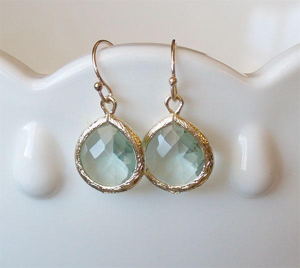 Sea Green Amethyst Drop Earring in Gold - Prasiolite Drop on Gold Filled Earwire - Aqua Green Earrings - Bridesmaid Jewelry