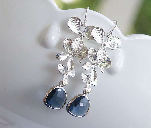 HOLIDAY SALE - Something Blue Bridesmaid Earrings - Triple Orchids and Navy on Sterling - Bridal, Bridesmaids, Wedding Jewelry