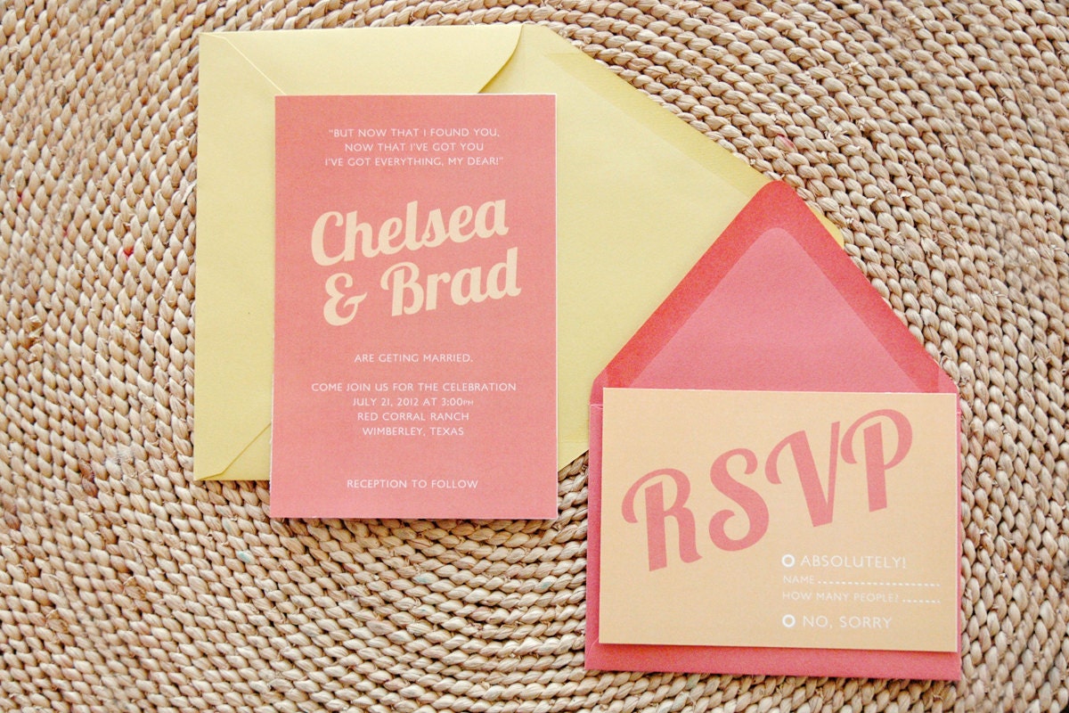 Chelsea Printable Wedding Invitation Set with Vintage Font in Coral and Marigold Yellow - Customize & Pick Your Colors