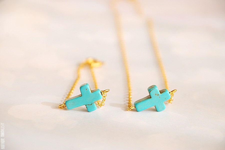 Sideways Cross Necklace - Dainty Turquoise and Gold chain