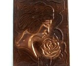 Dreamy copper picture REPOUSSE lady & rose. 3D wall hanging vintage handmade folk art, embossed, crafts, wall art, home decor, flower