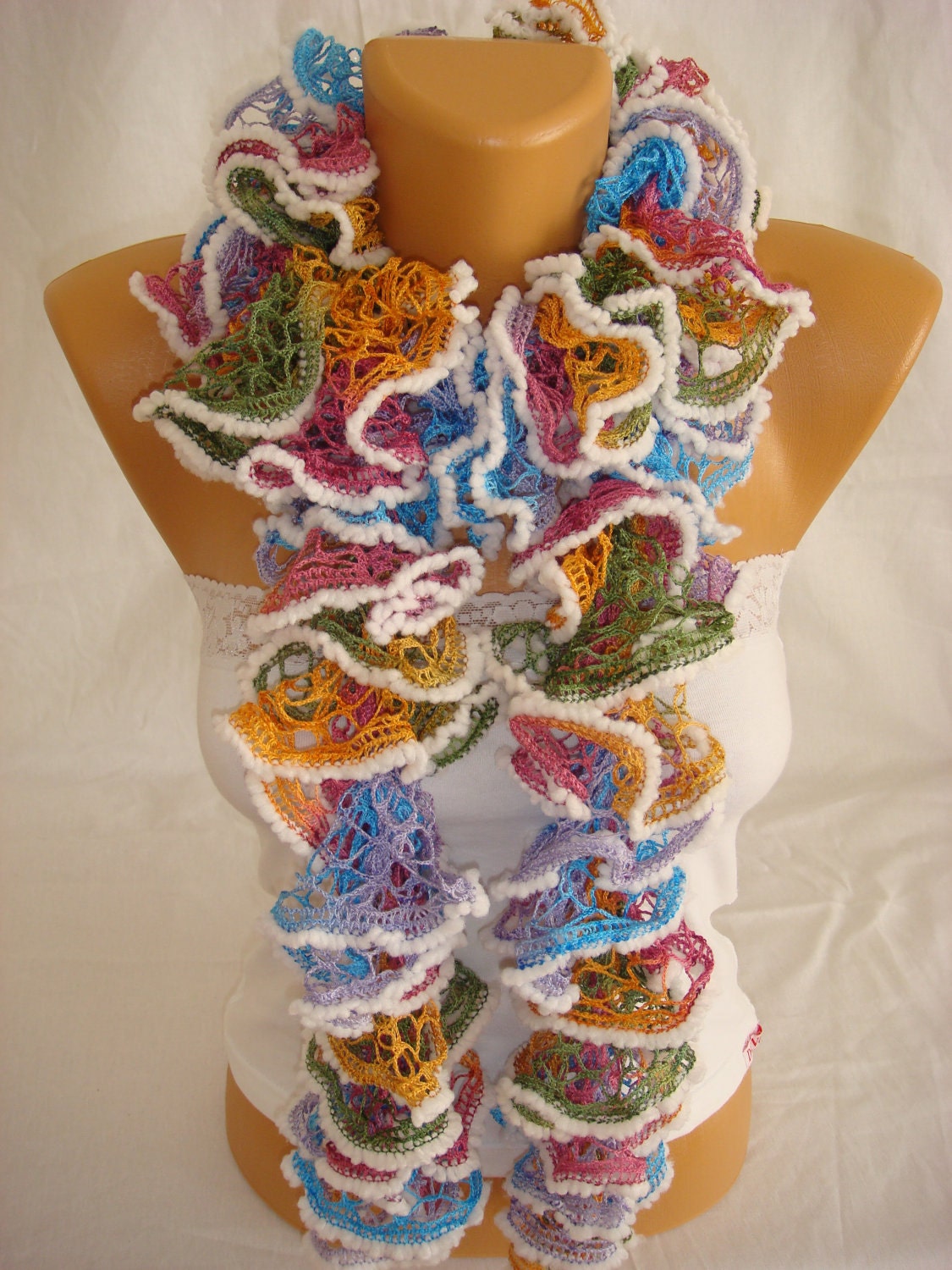 Hand knitted colorful ruffled scarf