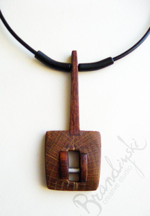 THE OCEAN PIECE - Original Handmade Wooden Jewelry - oak and mahagon wood with aluminum and ceramic elements, with leather cord