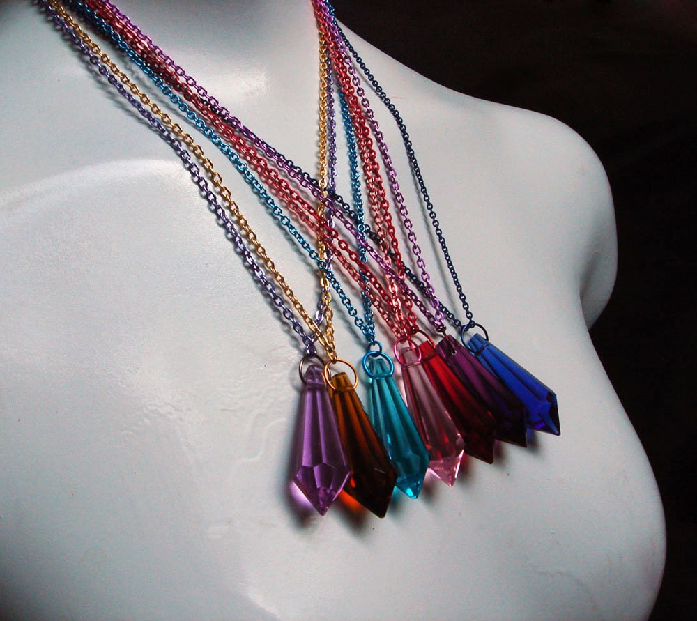 Multicolor Rainbow Crystal Pendant Necklace w/ Coordinating Color Chain Dagger Cut