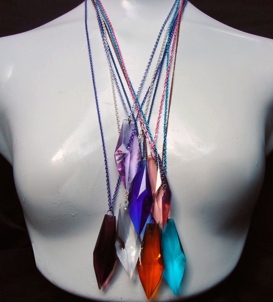 Multicolor Rainbow Crystal Pendant Necklace w/ Coordinating Color Chain Sword Cut