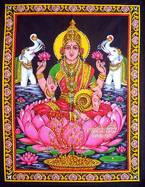 hindu goddess laxmi lakshmi wall hanging cotton tapestry Indian ethnic art religious handmade home decor