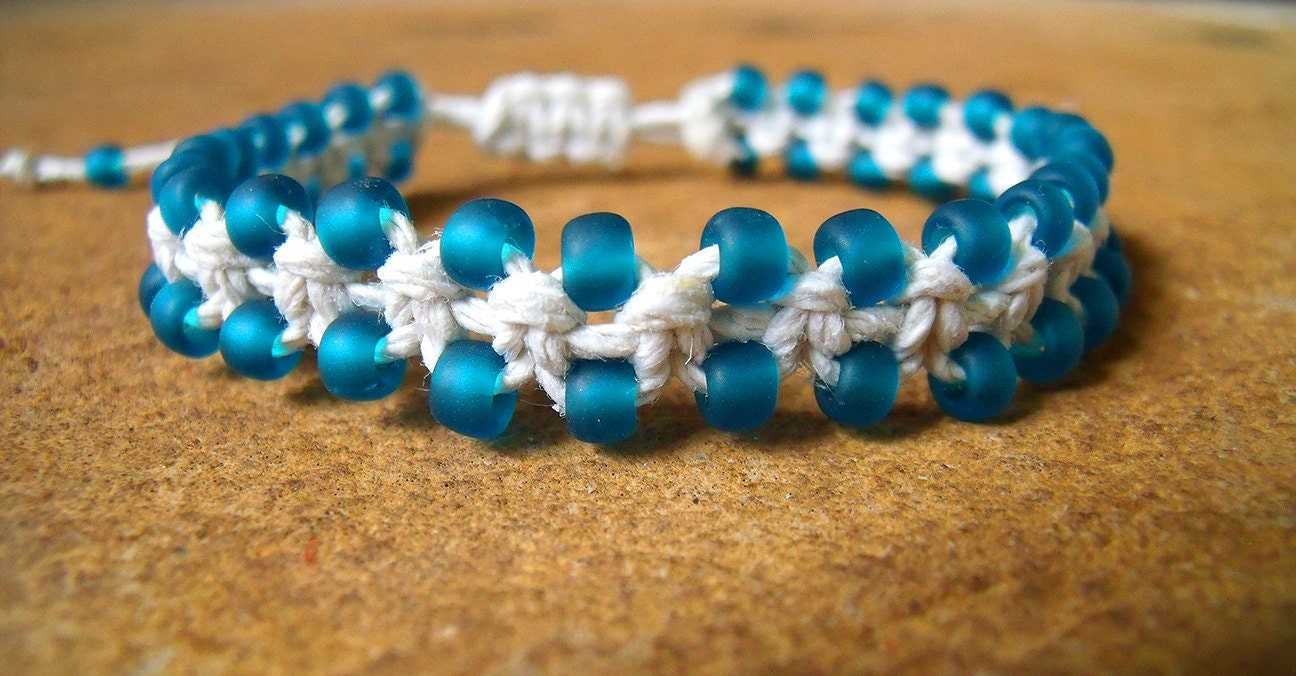Beautiful Frosted Teal Beaded Hemp Bracelet