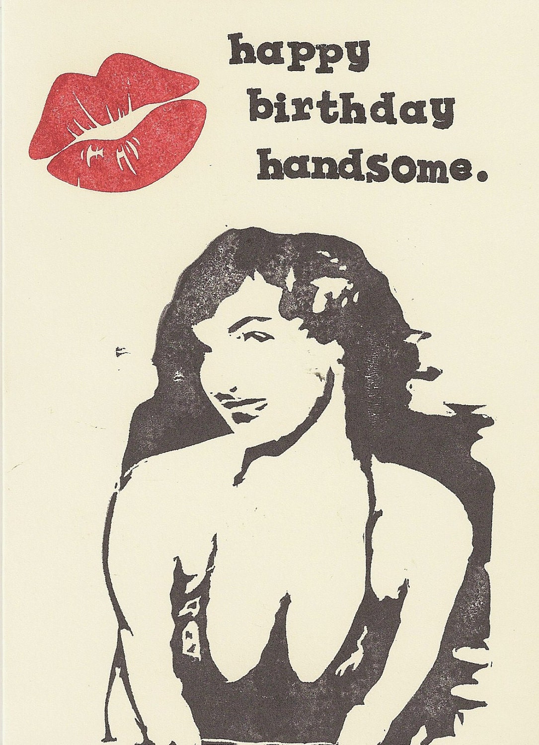 Bettie Page handstamped birthday card for him