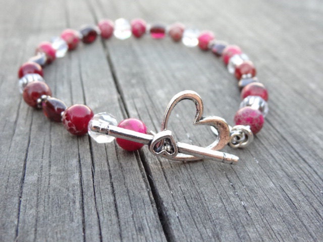Red Rose Sea Sediment Jasper Crystal Garnet Gemstone Bead Silver Heart Love Bracelet