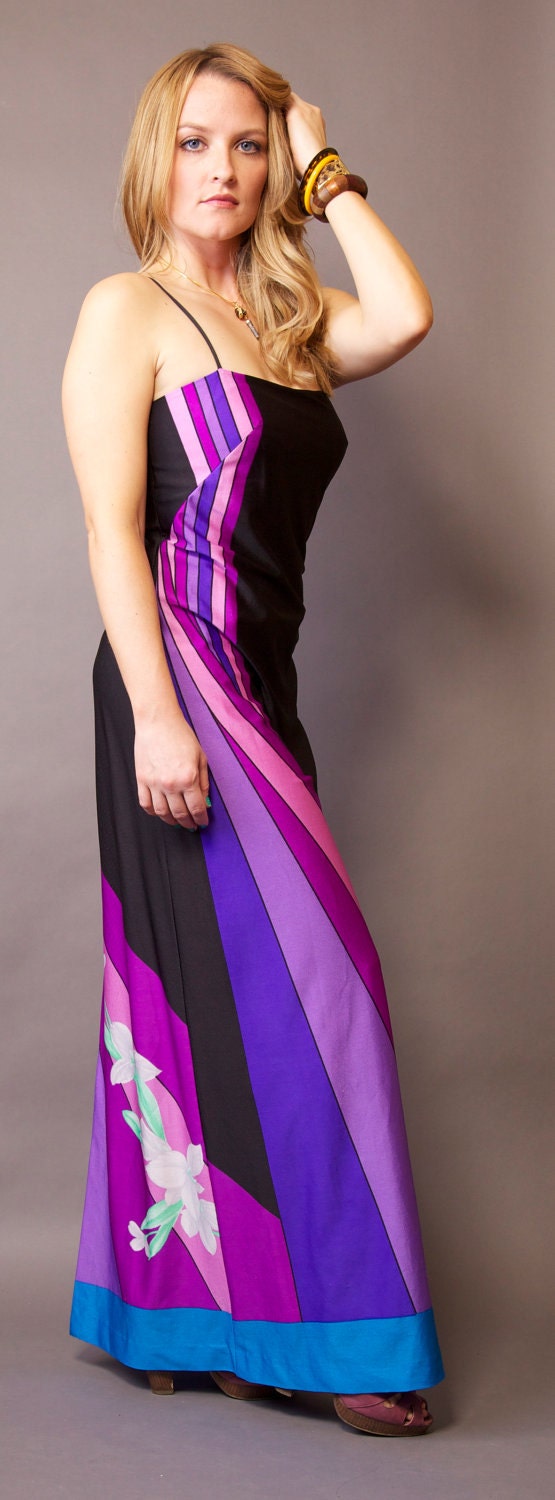 Vintage 1970s Maxi Summer Dress. Spaghetti straps, black with stripes and floral patterns. Size Medium.