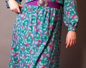 Colorful 1980s shirt dress with tuxedo style front and matching belt. Large