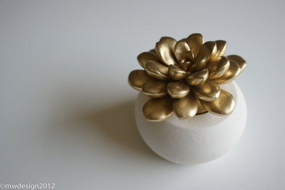 Succulent Sculpture in White Modern Round Container, Tabletop Centerpiece, Springtime Desktop Accessory