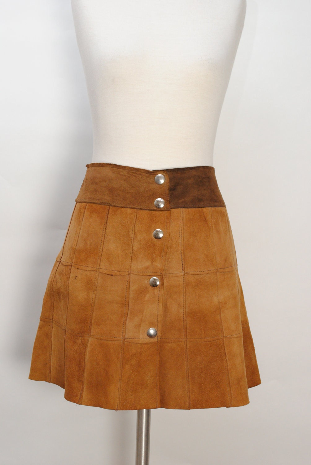 60s-70s Patchwork Leather Suede Mini Skirt - Mod Boho Hippie