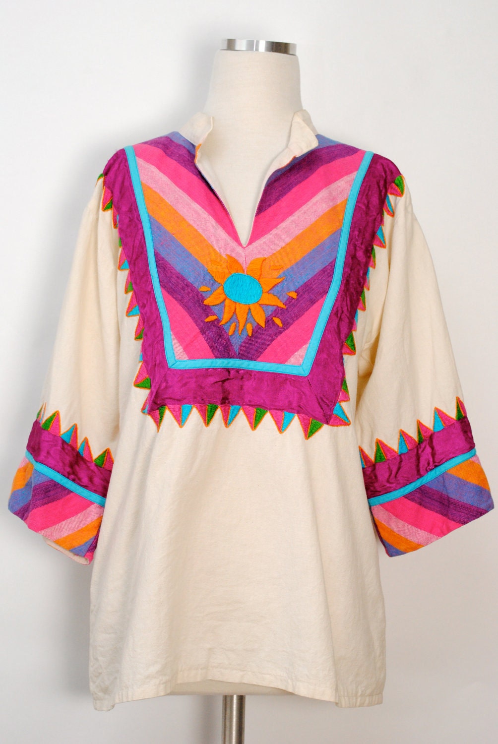 1970s Patchwork Mexican Boho Blouse - Hippie Top S