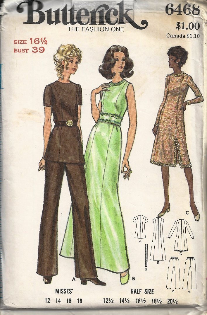 Vintage UNCUT Butterick Dress/Pant Suit Pattern 6468 size 16 1/2