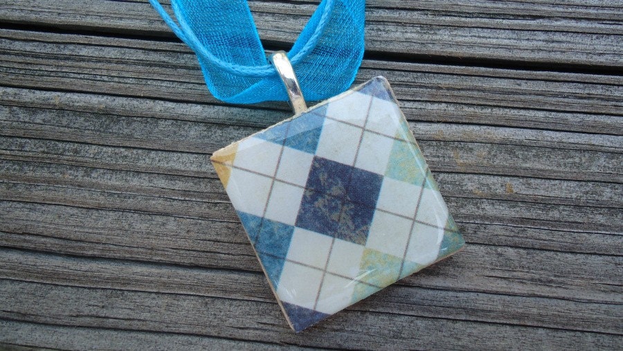Wood Tile Necklace with Shades of Blue and White Argyle