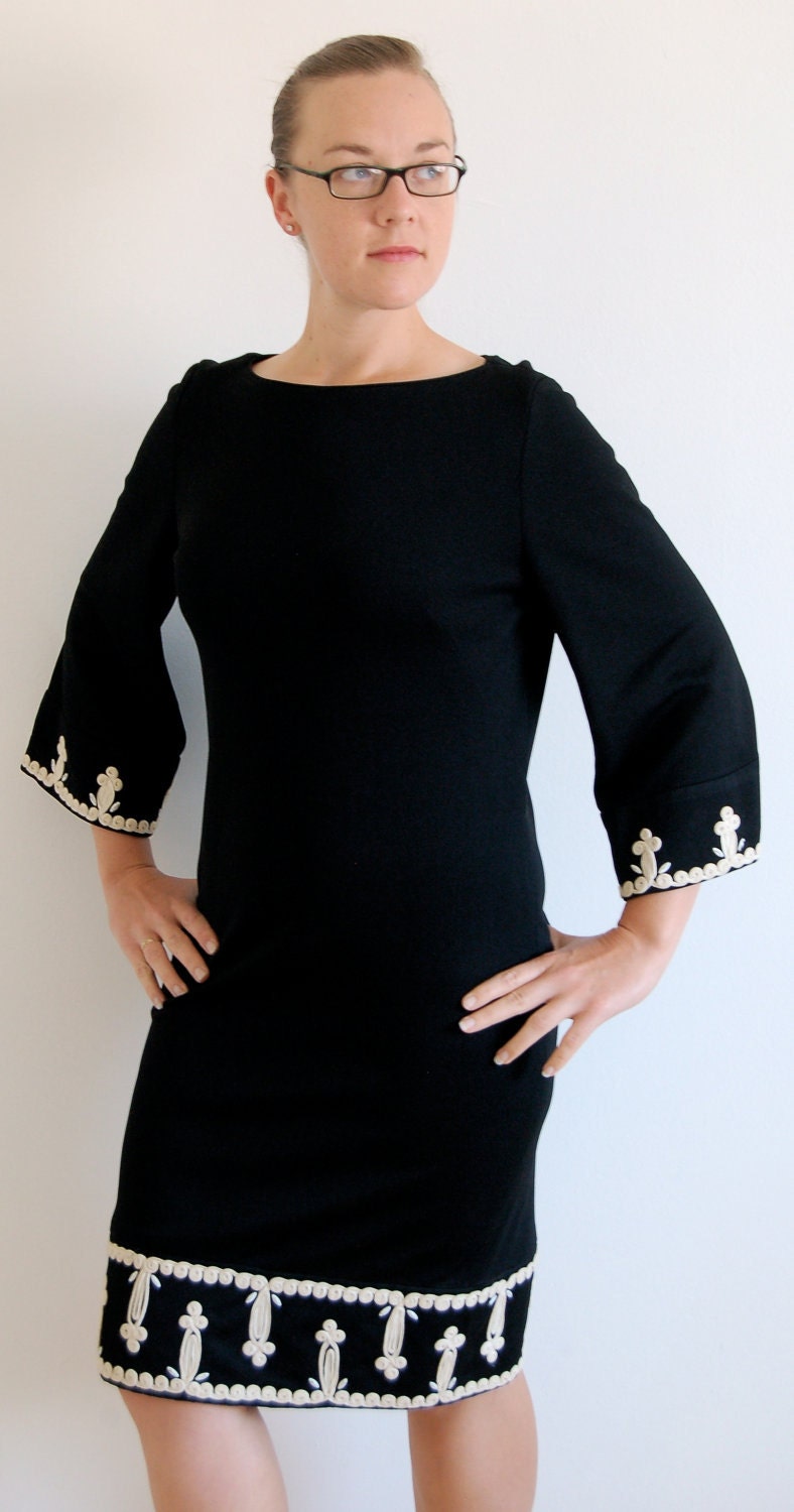 Vintage Dress - 1960s Abella of Paris Black Dress with White Embellishments