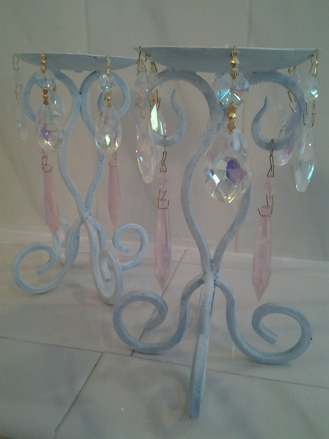 2 Pale Aqua Shabby Chic Candleholders Pink and Iridescent Chandelier Crystals Shabby Chic French Country Cottage Style