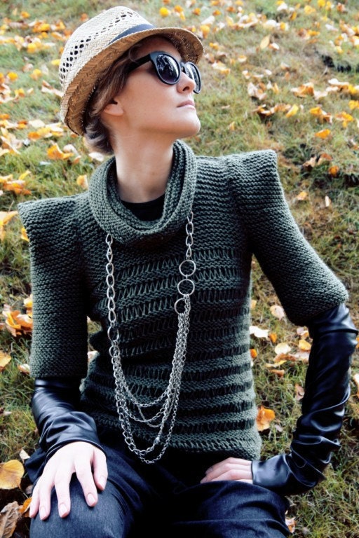 Olive green military elegant women eco green fashion fashion summer hand knit sweater, modern triangle geometric origami /Khaki Chic 2/