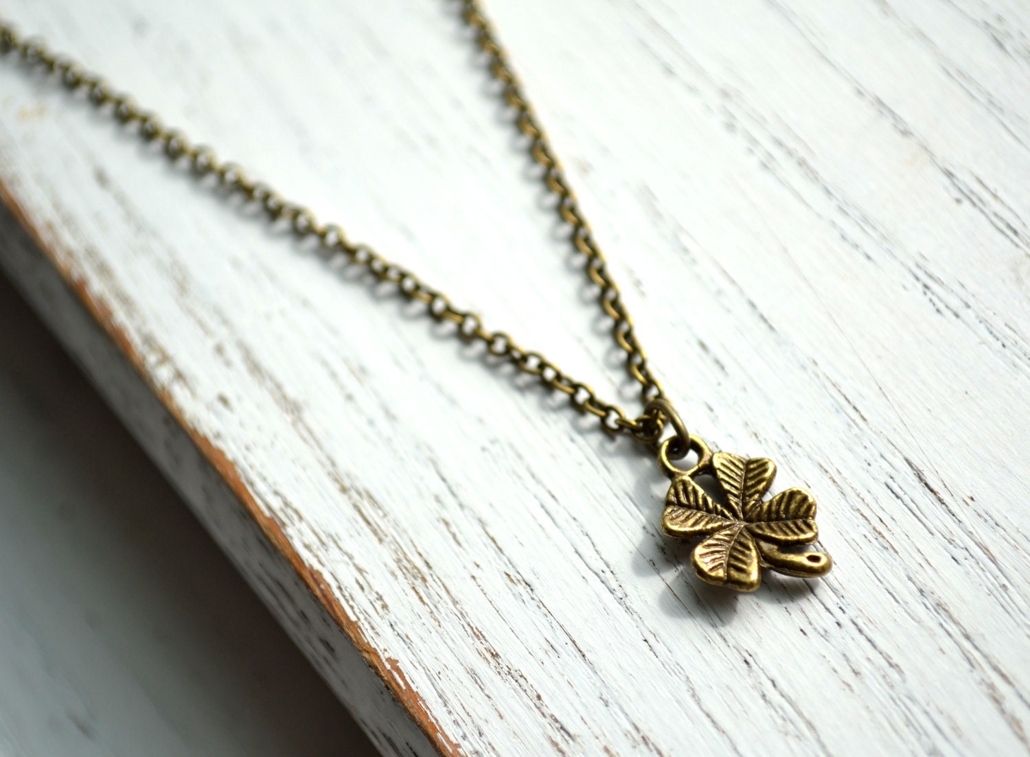 Little Luck Necklace, Four Leaf Clover, Antique Brass Chain