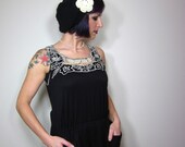 Slouchy Crocheted Hat Black with Large Flower Clip - Womens Crochet Hat