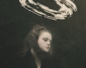 A Heavy Halo To Wear - FREE SHIPPING Print Magic Light Circle Wormhole Spinning Yellow Gold Black Girl Face Angel Dark Surreal Portrait
