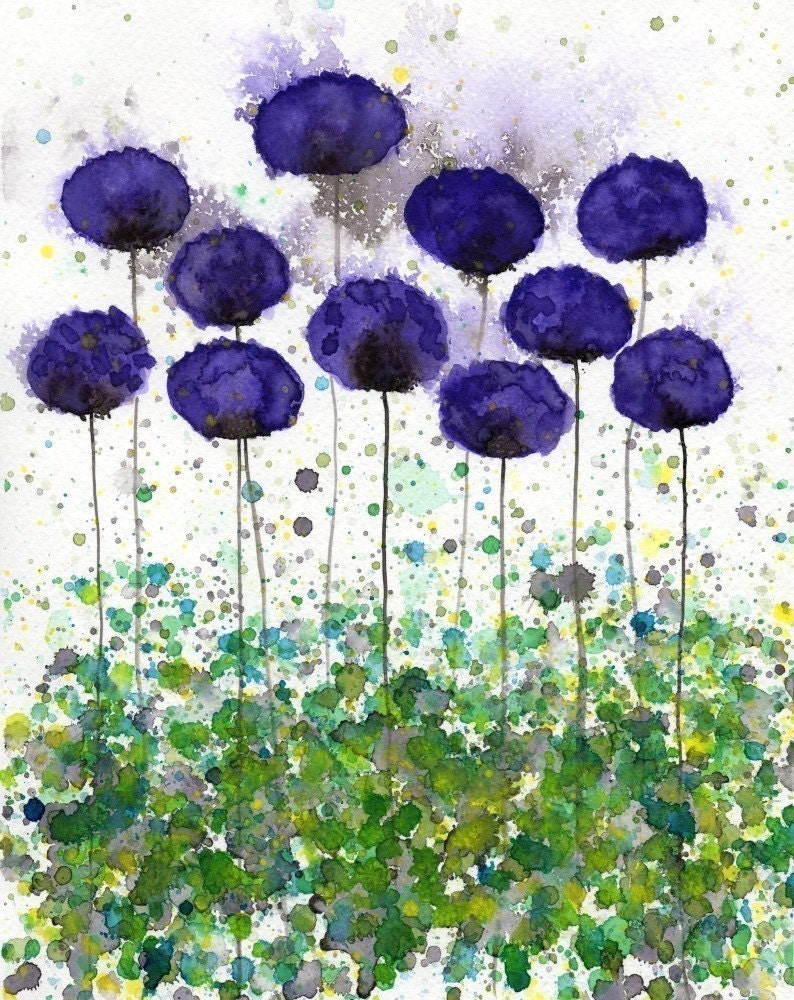 Buy 2 Get 1 FREE -- Watercolor Painting: Watercolor Flowers -- Art Print --  Upward Slope -- Purple Flowers -- 8x10