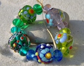 Lampwork Bead Set, Transparent Beads Handmade, Murrini and Flowers, SRA LETEAM Glassymom