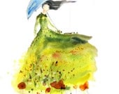 Lady of Glade - Art Print blue umbrella fashion sketch interior design watercolor landscape spirit woman farmhouse poppies Oladesign 5x7