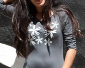 Silkscreen womens tshirt, gray 3/4 sleeve, scattered flower design, S-XL, womans top, graphic tee