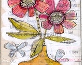 whimsical watercolor painting of flowers and butterflies in pink and yellow - 8 x 10 limited edition archival print by cori dantini