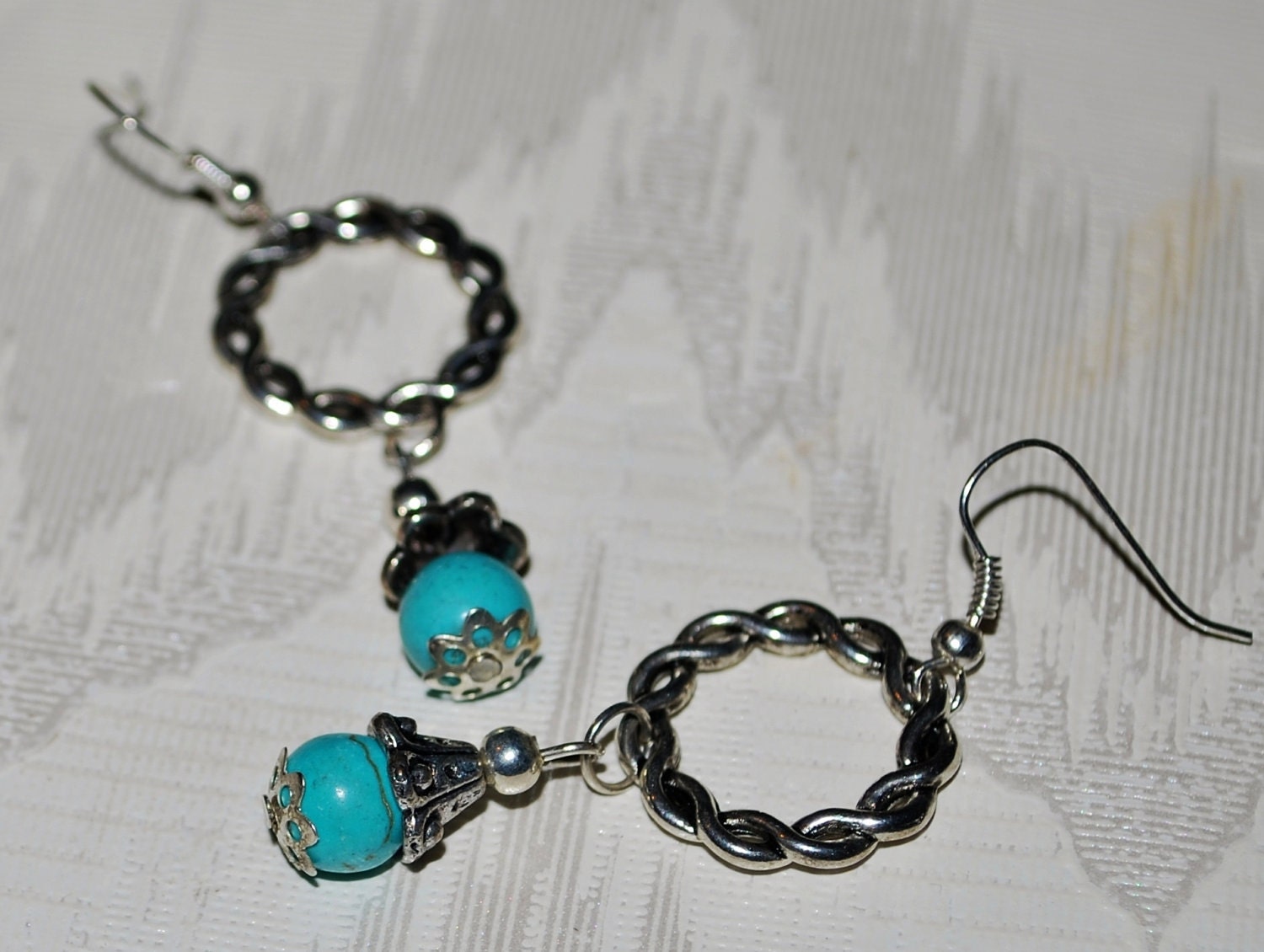 Hoop Earrings Turquoise Drops Dangles Silver Metal Rings Blue Handmade Jewelry