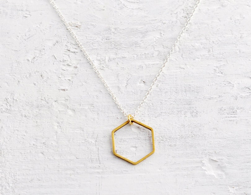 Open Hex - thin brass hexagon necklace gold or sterling silver chain - geometric minimal jewelry  gift for her