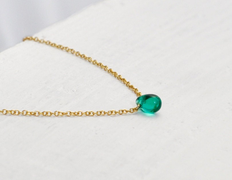 Dewdrop green - tiny teardrop gold necklace - delicate jewelry gift for her